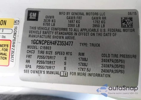 2015 Chevrolet Silverado 1500 Wt z USA, uszkodzony, nr VIN 1GCNCPEH4FZ353477